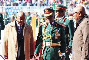 PM Thomas Thabane,left, LDF Commander Lt Gen Tlali Kamoli, and Sports Minister Thesele ‘Maseribane at yesterday’s LDF Day 10th Commemoration at Setsoto Stadium 