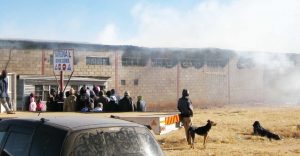 The Jabula Furniture Manufacturers factory building going up in smoke.