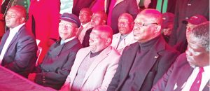 FROM LEFT: LCD leader Mothetjoa Metsing, DC leader Pakalitha Mosisili, LPC deputy leader Molahlehi Letlotlo, BCP leader Thulo Mahlakeng and BBDP leader Jeremane Ramathebane at a press conference announcing the new alliance on Friday.