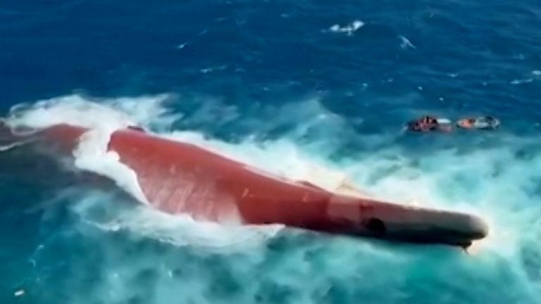 Aerial view of the capsized passenger ship in the Java Sea.