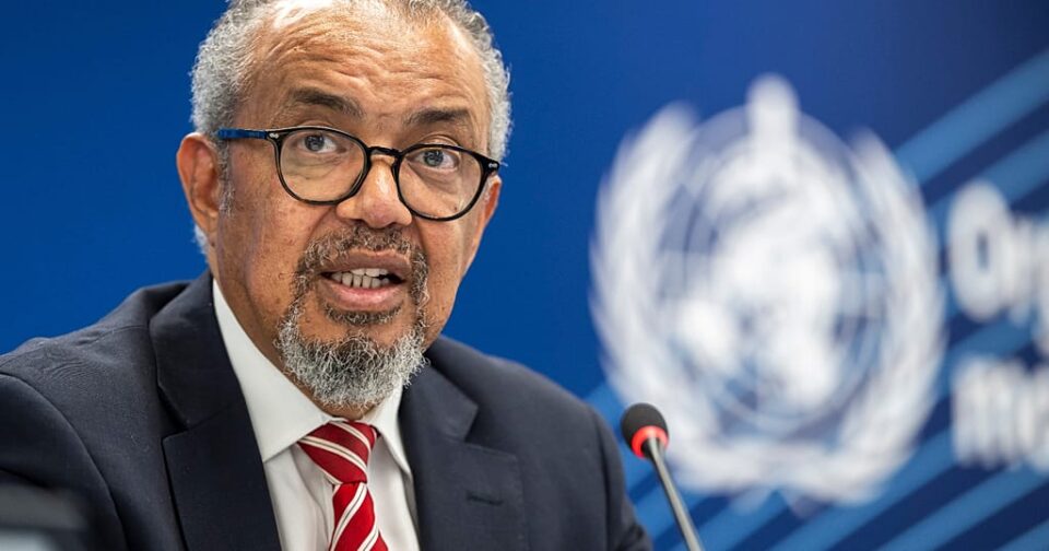 WHO Director-General Tedros Adhanom Ghebreyesus speaking at a media briefing about Ebola and global health.