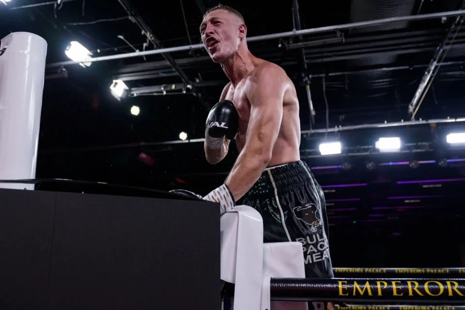 Brandon Thysse, right, fights Roarke Knapp at the Sole Survivor Boxing Tournament at Emperors Palace in Johannesburg on 28 March 2026. Photo: James Gradidge/Gallo Images.