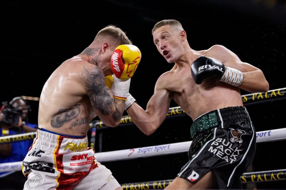 Brandon Thysse, left, fights Roarke Knapp during the Sole Survivor Boxing Tournament at Emperors Palace in Johannesburg on 28 March 2026. Photo: James Gradidge/Gallo Images.