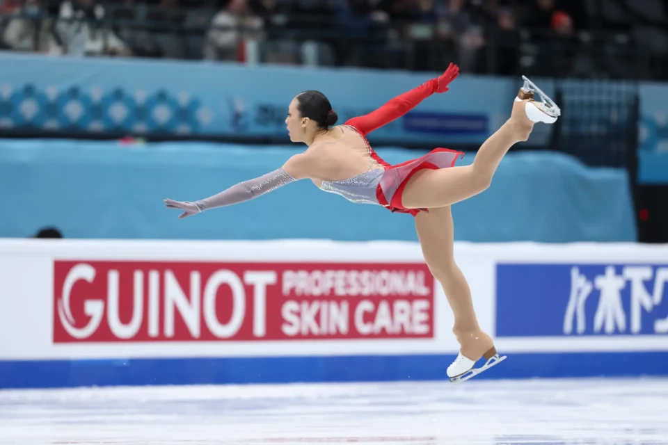 South African figure skater Gian-Quen Isaacs performs during the women’s free skating programme in Beijing